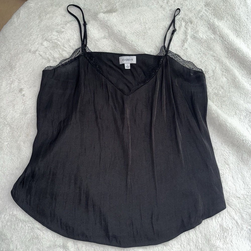 EVEREVE Collette‎ Lace Cami Spaghetti Strap Satin Top Black L Minimalist Luxury